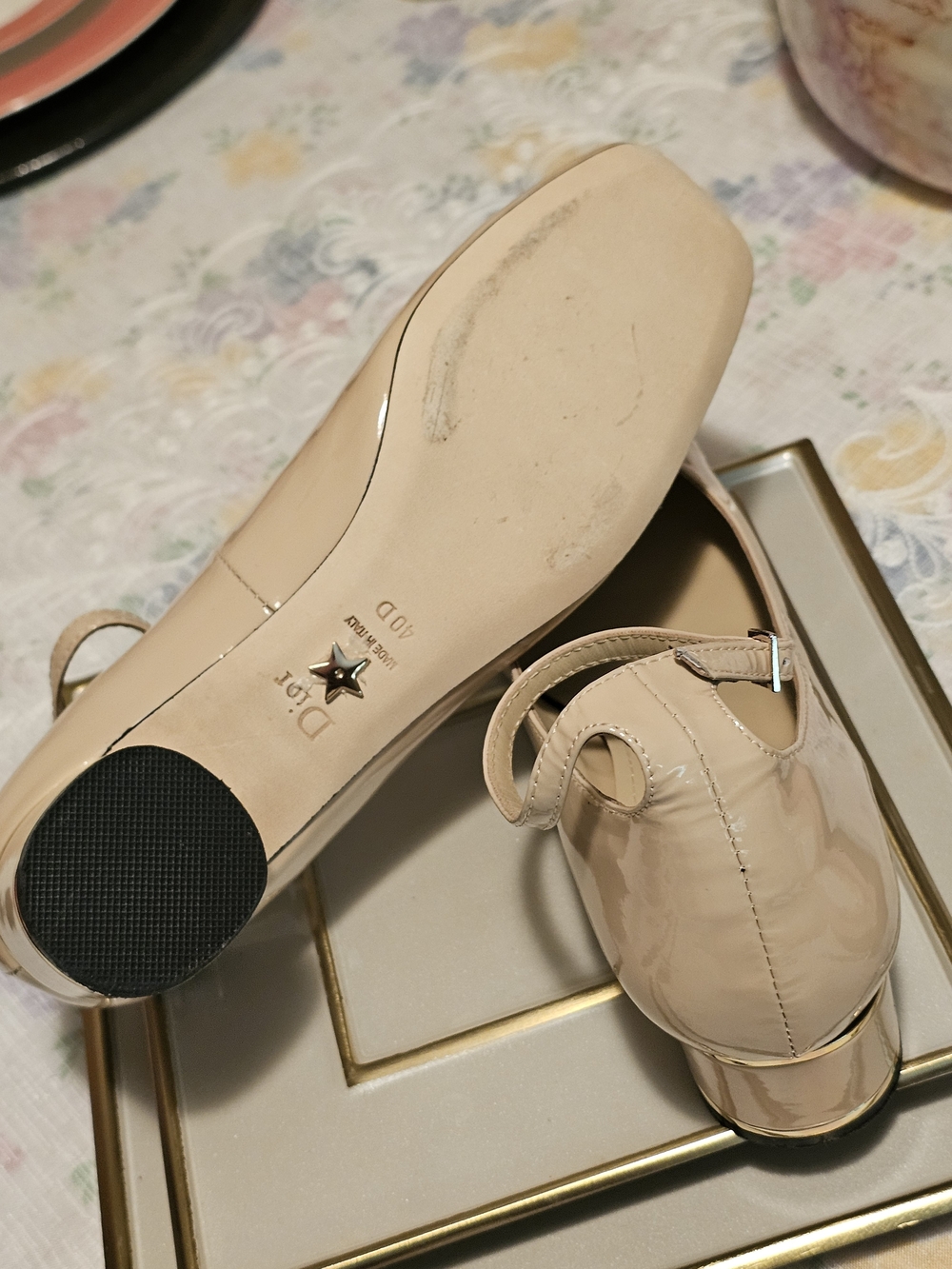 Dior Patent Leather Mary Jane Flats In Tan Color  with Gold Trim - Picture 2 of 4